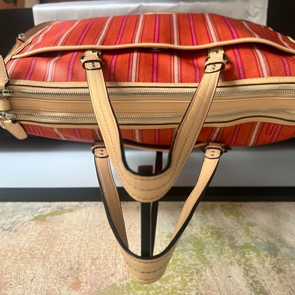 Coach Large Orange Pink White Striped Vinyl and Leather Travel or Diaper Bag - Picture 8 of 10